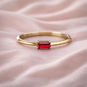 Unique Ruby Stacking Ring, Baguette Cut Thin Wedding Band, 14K Yellow Gold Everyday Rings, Ring For her, Gift For Her