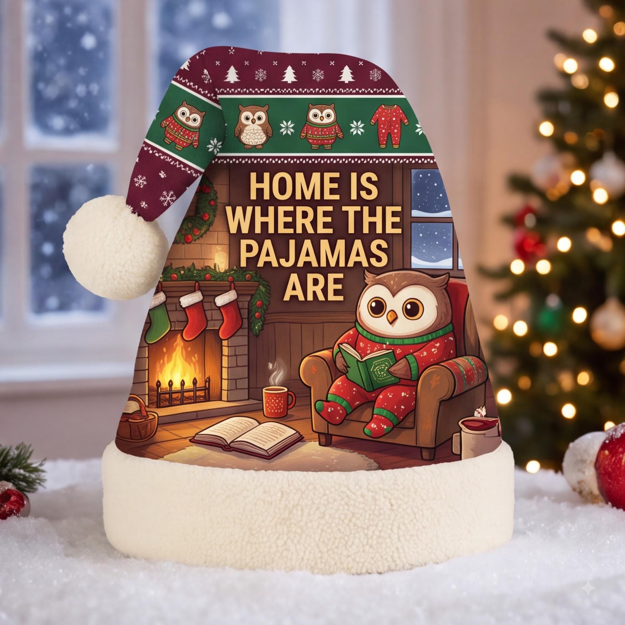 Funny Owl Christmas Santa Hat, Home Is Where The Pajamas Are, Cozy Christmas Gift, Owl Lover Gift, H