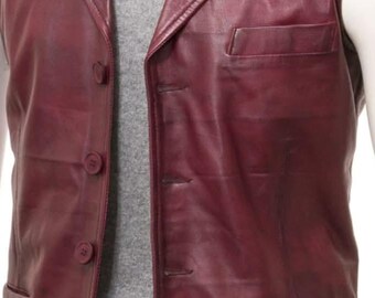Burgundy Leather Vest for Men & Women, Leather Waistcoat, Vintage