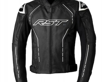 Black Leather Motorcycle Racing Jacket with White Accents - Men's Protective Biker Gear with Armor