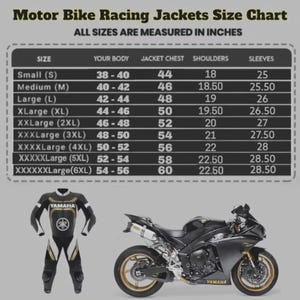 May include: Motorcycle racing jacket size chart with measurements in inches. Includes sizes from Small to 6XLarge. A black and gold Yamaha racing suit and a black Yamaha motorcycle are also shown.