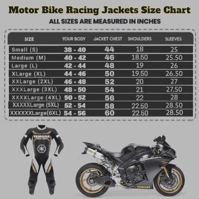 May include: Motorcycle racing jacket size chart with measurements in inches. Includes sizes from Small to 6XLarge. A black and gold Yamaha racing suit and a black Yamaha motorcycle are also shown.
