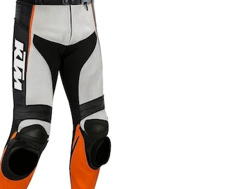 KTM Leather Motorcycle Racing Pants with CE Armor - Professional Rider Trousers in Orange & White