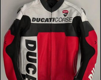 Italian Racing Style Leather Motorcycle Jacket, Vintage Red White Black Biker Jacket, Custom Me
