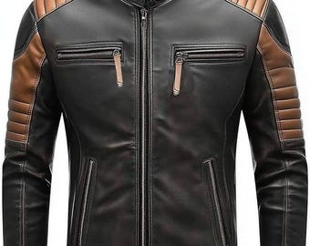 Title (97 Characters): Vintage Men's Black Leather Biker Jacket, Brown Padded Shoulder Motorcycle Racing Leather Jacket