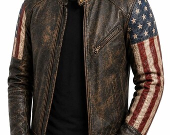 Custom Vintage Leather Jacket for Men & Women, Distressed Brown Flag Sleeve Jacket, Motorcycle