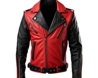 Men's Premium Red and Black Leather Biker Jacket - Slim Fit Motorcycle Style