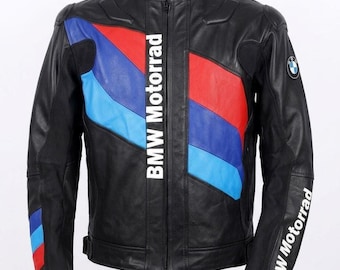 BMW Motorrad ブラックレザーレーシングジャケット（Mスポーツストライプ入り、プロ仕様ライダープロテクション付き）