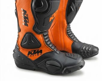 KTM Leather Motorcycle Racing Boots, Professional Orange & Black Protective Biker Riding Shoes