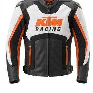 May include: A black, white, and orange motorcycle jacket with the KTM Racing logo. The jacket has a full-length zipper, a stand-up collar, and padded shoulders. The sleeves have orange and white stripes. The jacket is made of leather.