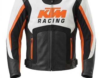 KTM Racing Orange and Black Leather Motorcycle Jacket with Protective Armor for Men