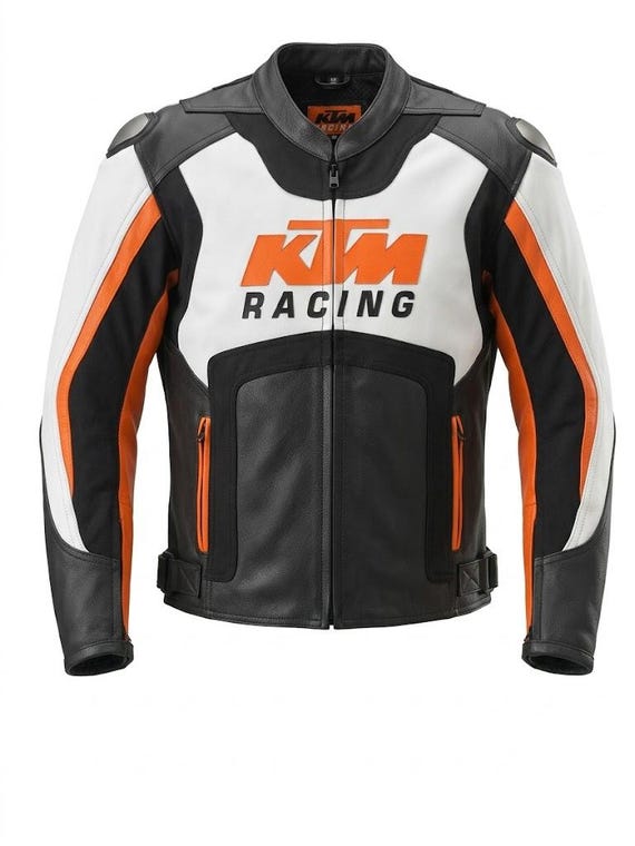 KTM Racing Orange and Black Leather Motorcycle Jacket with Protective Armor for Men