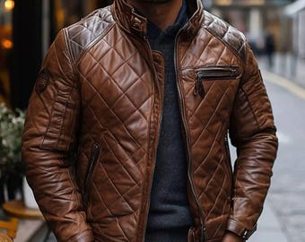 Brown Leather Jacket for Men & Women,Quilted LeatherJacket,