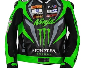 Kawasaki Ninja Monster Energy Professional Leather Motorbike Racing Jacket - CE Armored Protective Gear