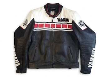 Yamaha Vintage Racing Leather Motorcycle Jacket - Classic Black, White & Red Biker Edition