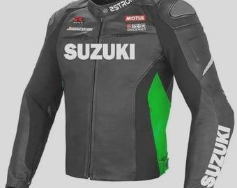 Suzuki GSX-R Leather Racing Jacket - Professional Black & Green Motorbike Protective Gear