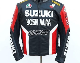 Suzuki Yoshimura Rocket Leather Motorcycle Racing Jacket - Armor Protection Motorbike Biker Gear