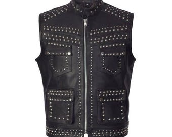 Custom Studded Leather VestQuilted Motorcycle Biker Vest,Blac Leather Waistcoa