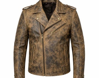 Vintage Distressed Leather Biker Jacket, Men's Women's Motorcycle Jacket, Brown Cafe Racer Coat, Cust