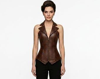 Women's Premium Brown Faux Leather Steel Boned Halter Corset Top
