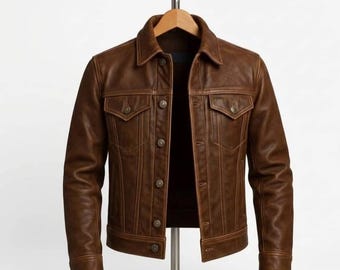 Men's BrownLeather Jacket VintageMotorcycle Jacket,Classic Leather TruckerJacket