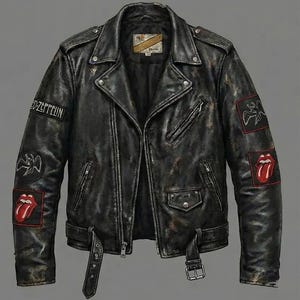 Distressed Leather Biker Jacket | Rock Band Patches, Punk Moto Style