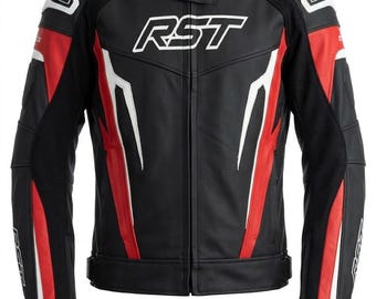 RST Style Men’s Black & Red Motorcycle Leather Jacket with CE Armored Protection