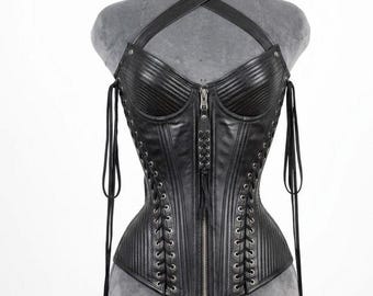 Premium Black Leather Halter Neck Corset – Steampunk Underbust with Front Zip and Fringe Detail