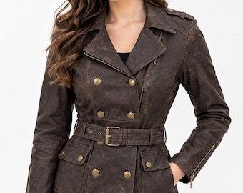 Vintage Brown Leather Jacket Women Men, Belted Motorcycle Jacket, Distressed Lea