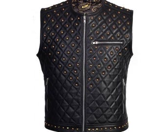 Custom Studded Leather VestQuilted Motorcycle Biker Vest,Blac Leather Waistcoa
