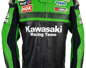 Kawasaki Racing Team Leather Motorcycle Jacket with Monster Energy Patches and Bridgestone Branding