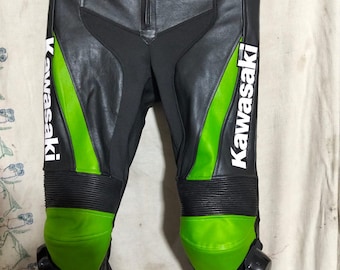 Kawasaki Leather Motorbike Racing Pants Black & Green Motorcyclist Biker Protective Riding Trousers