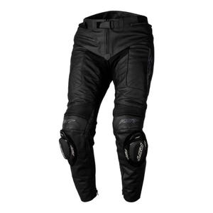 May include: Black motorcycle pants featuring a waist buckle closure, accordion stretch panels above the knees, and integrated knee sliders. The RST logo is visible on the thigh and knee sliders, with reinforced paneling throughout the design.