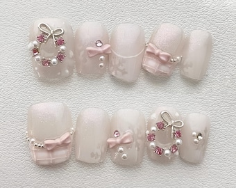 Handgemachte französische rosa Zuckerschneeflocke Press-On-Nägel, 3D Gel Luxus Gefälschte Nägel, Nägel für die Hochzeit