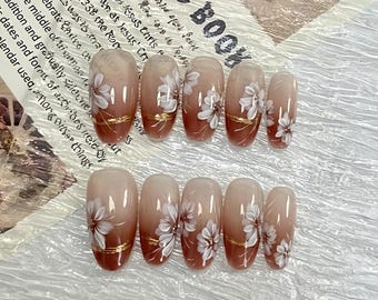 Hand-Painted Cat Eye Nails, Gradient Floral Art, 3D Textured Bloom, Reusable Fake Nails,Gift for Her, Wedding