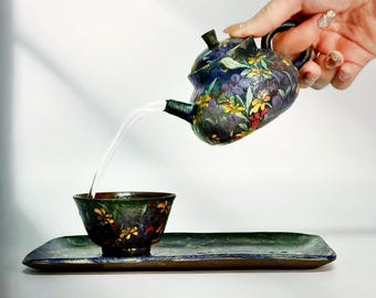 Handmade Ceramic Vintage Floral Teapot Set – Jingdezhen Hand-Painted Teapot, Teacups & Tray, Customizable