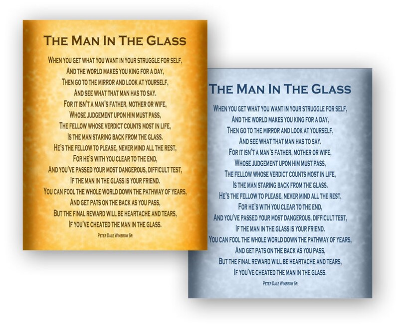 The Man in the Glass Poem by Peter Dale Wimbrow Sr 8x10 Blue or Gold Wall Art Office Home Decor