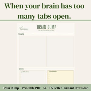 May include: A printable PDF titled "Brain Dump" with the text "When your brain has too many tabs open." The document includes sections for thoughts, actions, and priority actions. It is available in A4 and US Letter sizes.