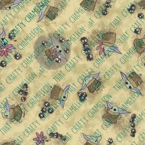 May include: A seamless pattern featuring a light green and brown character with large ears and a flower on its head. The character is holding a small brown bag. The background is a light brown with a watercolor effect. There are also small black and white creatures with spikes scattered throughout the pattern.