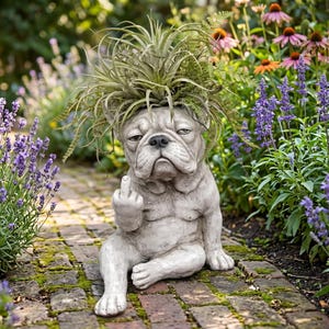 May include: A concrete bulldog planter with a plant growing from its head, seated on a brick path. The bulldog is gray and is giving the middle finger. The background features a garden with lavender and other colorful flowers.
