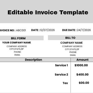 May include: A white invoice template with the text "Editable Invoice Template" at the top. The invoice includes fields for company information, invoice number, date, and a breakdown of services with amounts. The due date is listed as 24/7/2026.