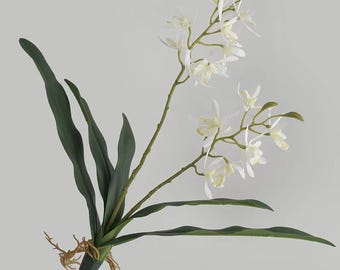 Puede incluir: Un tallo de orquídea blanca artificial con múltiples flores y hojas verdes. La flor artificial tiene una apariencia natural, con pétalos delicados y follaje realista. El tallo es sostenido por una mano.
