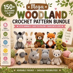 May include: A digital graphic for a Mega Woodland Crochet Pattern Bundle featuring 150+ patterns. The image displays nine crocheted stuffed animals including a donkey, rabbit, bear, fox, turtle, sheep, rhino, hippo, and a small bear, with text.