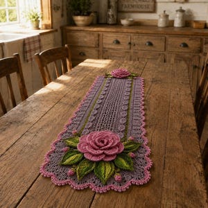 May include: A rectangular crochet table runner in a muted lavender hue, featuring an intricate openwork pattern, scalloped edges, and two large, three-dimensional pink rose motifs with green leaves positioned at each end of the runner.