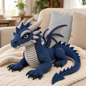 May include: A crocheted dragon plush toy featuring a deep blue body with light gray accents on the underbelly, wings, and horns. The creature has large, detailed blue eyes, sharp black claws on its feet, and a long tail with a pointed tip.