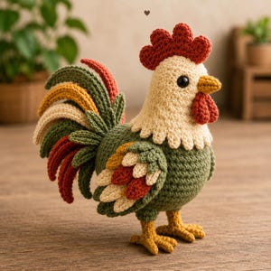 May include: A crocheted rooster figurine featuring a cream-colored head, a bright red comb and wattle, and a dark green body. The tail feathers are layered in shades of green, yellow, and red, while the wings display a mix of yellow and red.