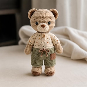 Può includere: Un orsacchiotto all'uncinetto in filato marrone chiaro, con occhi di sicurezza neri e un naso ricamato marrone scuro. L'orso indossa una camicia color crema con piccoli motivi a cuore e un bottone, abbinata a pantaloncini verde oliva con coulisse.