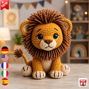 May include: A crocheted lion stuffed animal featuring a golden yellow body, a cream-colored muzzle and chest, and a thick, dark brown yarn mane. The lion has large black safety eyes, a brown embroidered nose, and a tail with a tufted end.