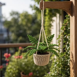 May include: A hanging plant basket with a green fern. The basket is made of beige crochet and is suspended by a white rope from a wooden bracket. The background is blurred with greenery and flowers.
