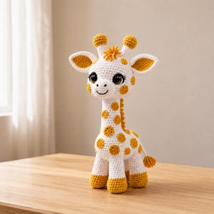Könnte beinhalten: Gehäkeltes Giraffen-Spielzeug in Weiß mit gelben Flecken, Ohren und Füßen. Die Giraffe hat ein lächelndes Gesicht und einen kleinen Schwanz. Sie steht auf einer Holzoberfläche. Die Giraffe ist etwa 25 cm groß.